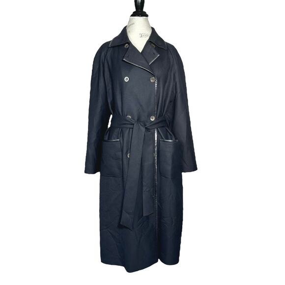 Louis Ferard | Women | Black Virgin Wool Leather Mid Belted Trench Coat | US 16 - Picture 2 of 16